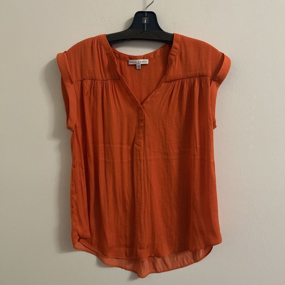 Maison d’Amélie Womens Orange Blouse Size Medium Cap Sleeve V-Neck
